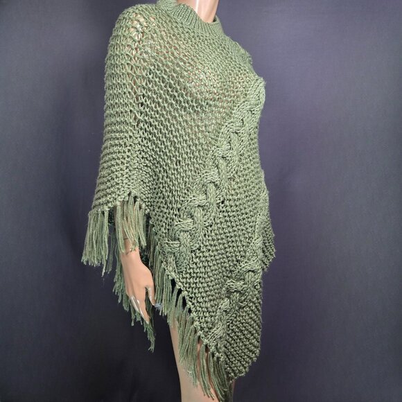 Y2K Green Fringed Poncho Chunky Knit Boho Grunge Fairy Lightweight Cable Knit - Picture 5 of 11
